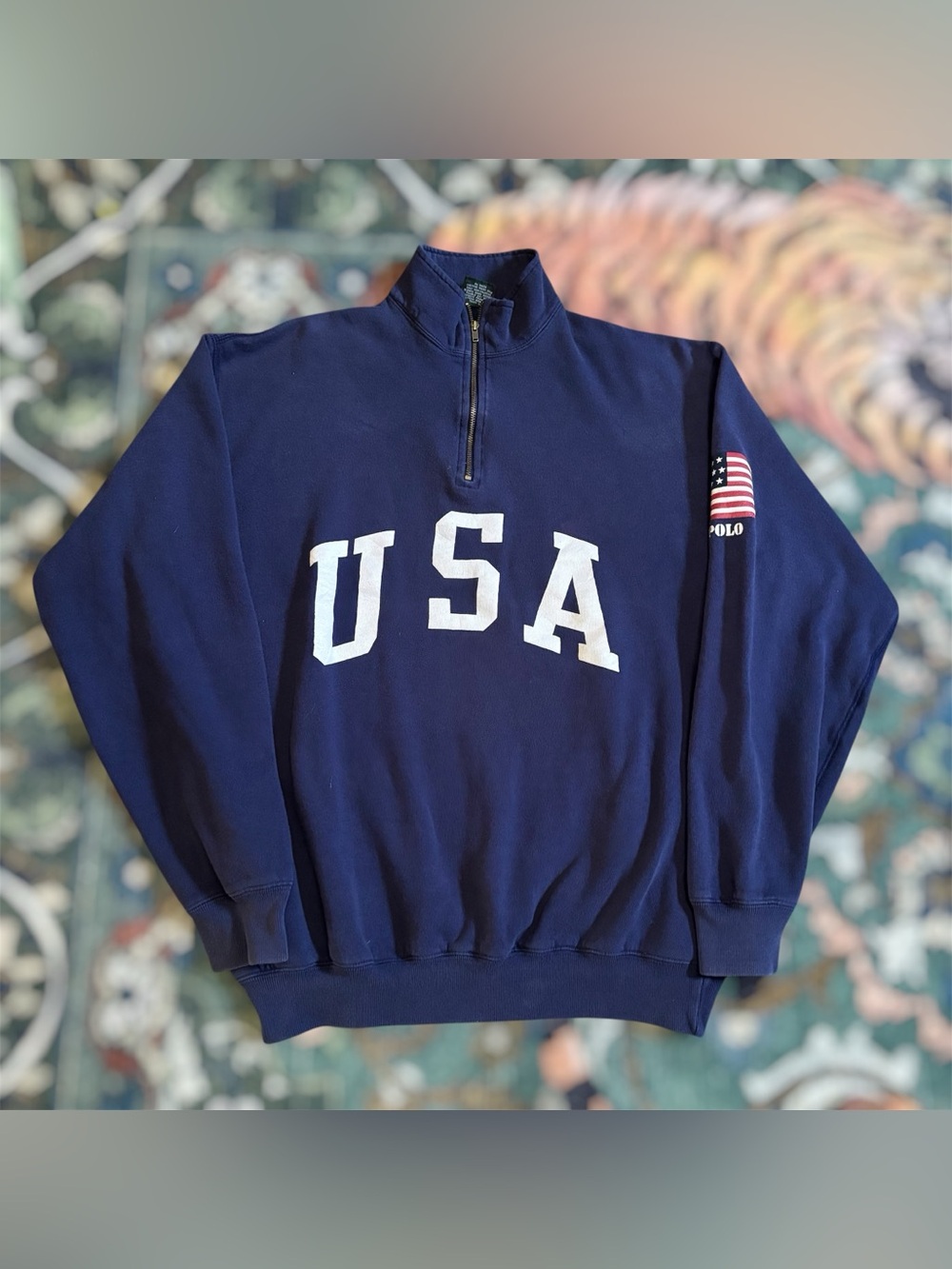 Vintage 90s Polo Ralph Lauren USA Flag 1/4 Zip Pullover Fleece Sweatshirt Blue